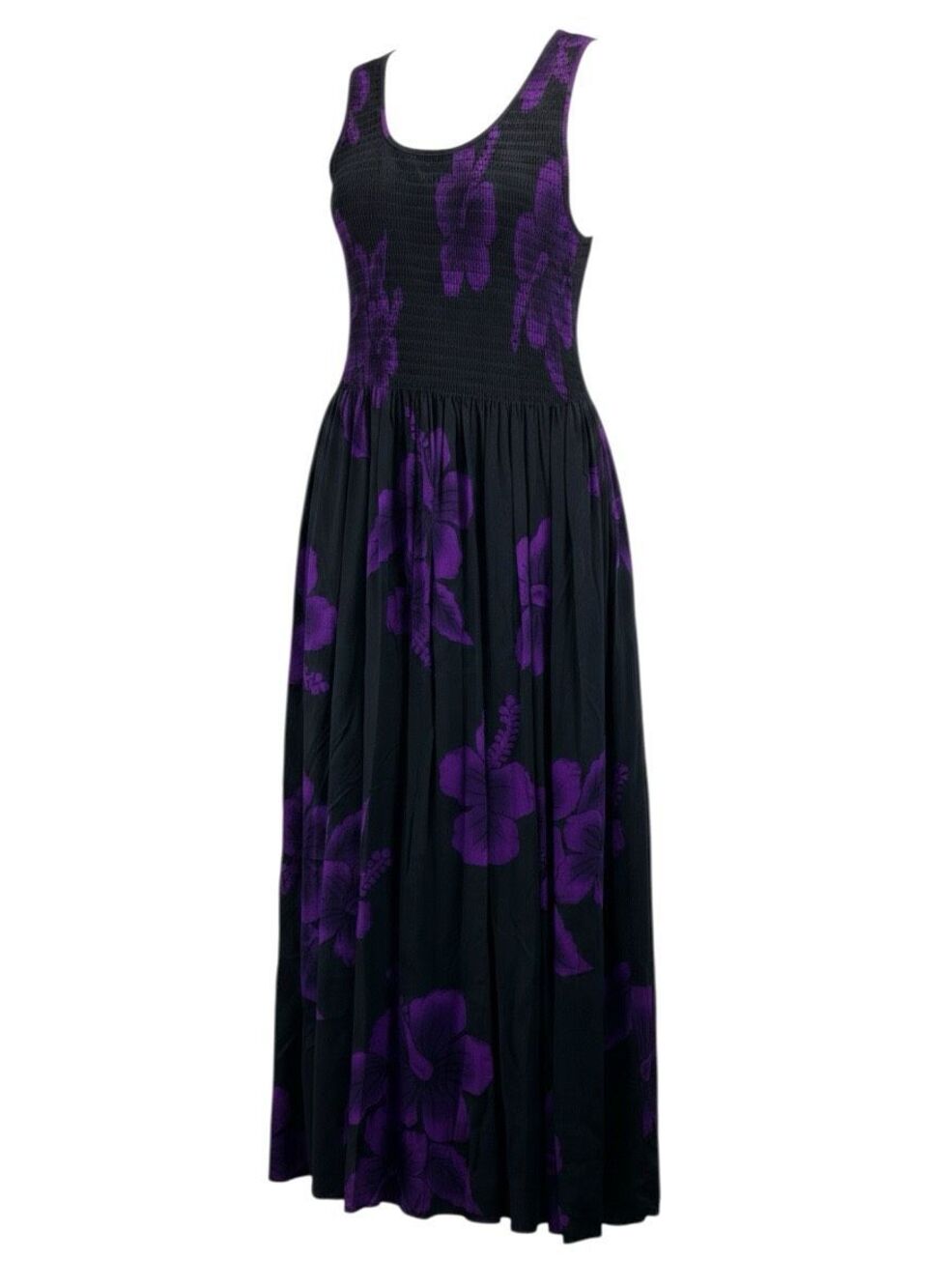 Black Purple Hibiscus Floral Tropical Smocked Bodice Sleeveless Maxi Dress L